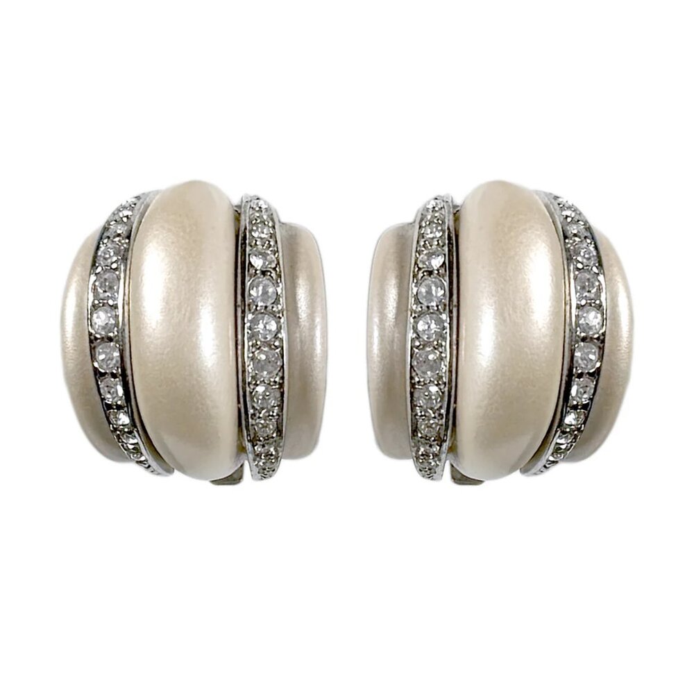 Kenneth Jay Lane Silver Plated Clip Earrings with Pearl Resin and Pave Crystals